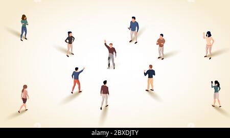 L'homme rassemble un groupe de personnes. Concept d'annonce, de chef ou de recrutement. Illustration vectorielle Illustration de Vecteur