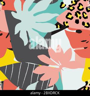 Motifs colorés sans couture, multicolores, avec éléments de feuilles tropicales, éléments animaux. Figure peau léopard, tigre, zèbre. Collage abstrait moderne. Illustration de Vecteur