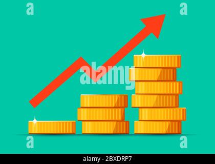 Une pile croissante de pièces en dollars d'or avec un arrière-plan de flèche montante. Concept économique. Illustration vectorielle Illustration de Vecteur