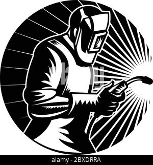 Illustration d'un soudeur MIG travaillant avec un chalumeau à l'arc vu du côté tenant sa visière en cercle intérieur sur un arrière-plan isolé fait i Illustration de Vecteur