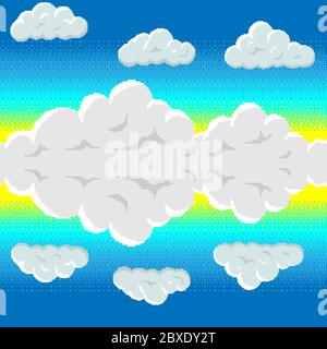 motif 8 bits sans couture dans un style rétro de jeux d'arcade. Ciel bleu et nuages de pixels empilés. Illustration de Vecteur