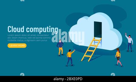 Porte à l'innovation. Cloud computing. Groupe de personnes se tenant autour du Big Cloud avec échelle et cloud. Des personnes créatives. Illustration vectorielle Illustration de Vecteur