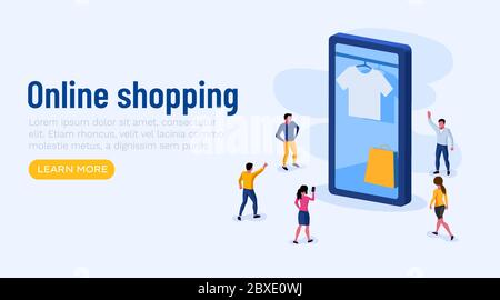 Promotion d'achat en ligne. Application pour smartphone et personnages de personnes autour. Concept de commerce Internet. Illustration vectorielle. Illustration de Vecteur