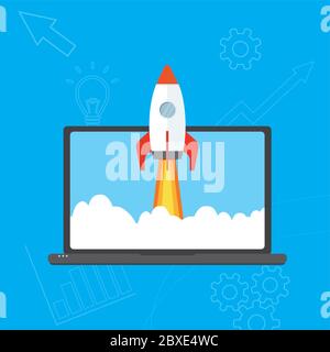 Fusée survolant de l'écran d'ordinateur portable, concept de démarrage, illustration vectorielle plate. Illustration de Vecteur