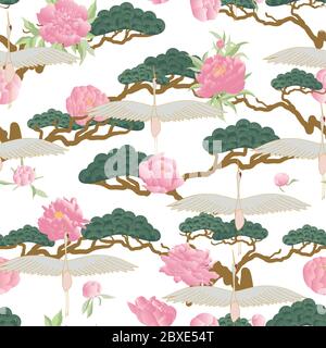 Motif sans couture avec grues blanches japonaises, bonsaïs et pivoines roses sur fond blanc. Illustration de Vecteur