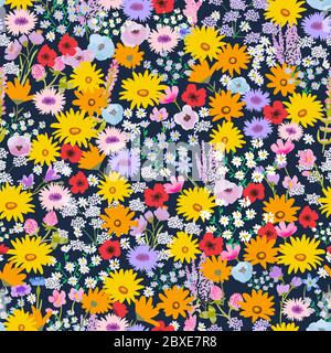 Superbe motif sans couture avec fleurs sauvages brillantes et juteuses. Illustration de Vecteur