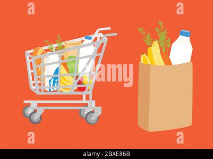 Chariot alimentaire d'épicerie. Sac d'achats écologique et panier avec nourriture. Illustration du supermarché Vector. Illustration de Vecteur