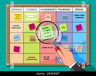 Planche à gravis et loupe. Le tableau d'affichage est suspendu au mur et contient des tâches sur les cartes de notes adhésives. Liste des événements pour l'employé. Développement, travail d'équipe, programme, liste des tâches. Illustration vectorielle plate Illustration de Vecteur