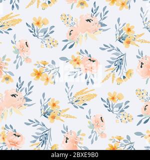 Motif sans couture léger avec pivoines réalisées dans le style de la peinture aquarelle. Grands bouquets avec pivoines, printemps floral, motif été. Pour les mariages Illustration de Vecteur