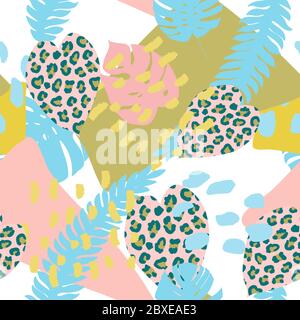 Motif coloré sans couture multicolore avec éléments de feuilles tropicales, éléments animaux. Figure peau léopard, tigre, zébré. Collage abstrait moderne. Illustration de Vecteur