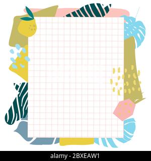 Arrière-plan avec des feuilles tropicales lumineuses, des imprimés animaux, zébra, fruits tropicaux et une feuille d'un carnet d'école dans une cage. Collage moderne, juteux et tr Illustration de Vecteur