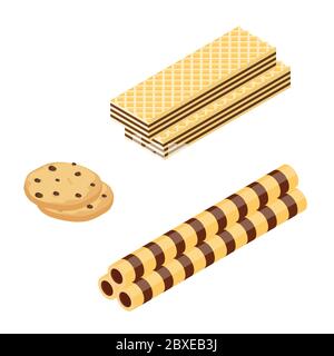 Biscuit au chocolat ou au cacao, gaufre et bâtonnets de galette croustillants vue isométrique isolée sur fond blanc Illustration de Vecteur