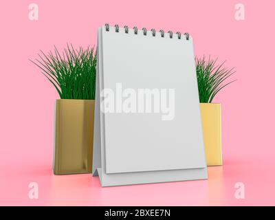 Maquette de calendrier vierge sur fond rose. Rendu 3D Banque D'Images