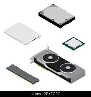Vue isométrique des pièces de l'ordinateur isolée sur fond blanc. SSD, carte graphique vidéo, processeur, disque dur et carte mémoire Illustration de Vecteur