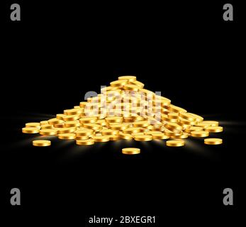 Pièces de monnaie brillantes dorées avec des signes d'étoiles dans le tas. Gros lot d'argent vieux métal. Trésor précieux et cher. Illustration vectorielle Illustration de Vecteur