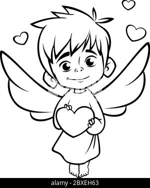 Illustration de bébé exposé cupid embrassant un coeur . Illustration de couleur de dessin animé du personnage Cupid pour la Saint-Valentin isolé sur blanc Illustration de Vecteur