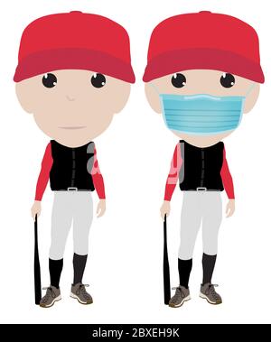 Joueur de softball masculin en uniforme avec batte portant uniforme. Illustration. Un avec et un sans masque. Banque D'Images