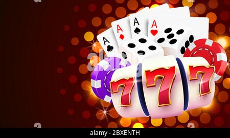 Burning slot machine, dices, poker cards wins wins the jackpot. Fire casino concept. Hot 777. Vector illustration Illustration de Vecteur