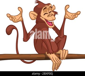 Chimpanzé de singe de bande dessinée assis sur la branche de l'arbre. Illustration vectorielle du personnage de singe heureux Illustration de Vecteur