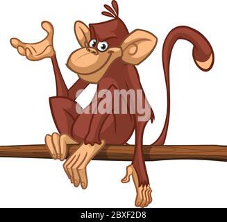 Chimpanzé de singe de bande dessinée assis sur la branche de l'arbre. Illustration vectorielle du personnage de singe heureux Illustration de Vecteur