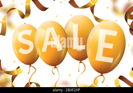 Ballons volants, concept de vente pour les magasins. Quatre ballons de fête volante jaunes isolés avec la vente de texte. Illustration du vecteur de concept de remise Illustration de Vecteur