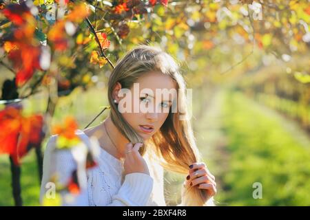 Belle jeune femme en lumière chaude . Portrait de saison Banque D'Images