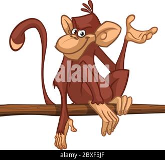 Chimpanzé de singe de bande dessinée assis sur la branche de l'arbre. Illustration vectorielle du personnage de singe heureux Illustration de Vecteur