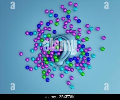 Boules d'orbeez multicolores dispersées sur un microphone ASMR. Réponse sensorielle autonome Meridian. Concept de son reposant. illustration 3d Banque D'Images