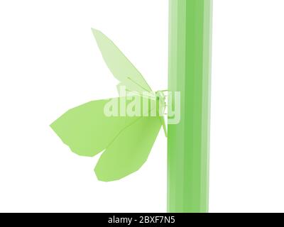 Papillon vert à faible isolation de style poly. Papillon assis sur une tige. illustration 3d Banque D'Images