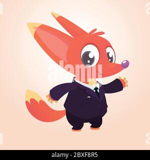 Renard de dessin animé habillé dans un costume de bureau de présentation. Illustration vectorielle. Animal de mode ou d'affaires animal.Fox mascotte homme d'affaires Illustration de Vecteur