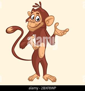 Dessin animé singe chimpanzé drôle agitant la main et la présentation. Illustration vectorielle sur mascotte de singe isolée sur blanc Illustration de Vecteur