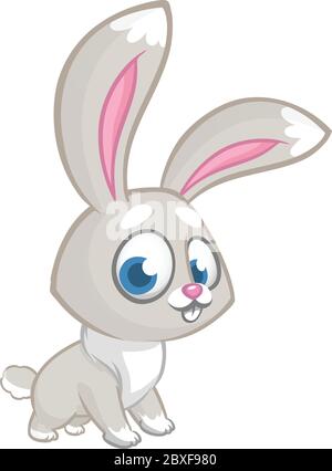 Bande dessinée de lapin bleu heureux isolée sur fond blanc. Illustration vectorielle d'un joli lapin. Idéal pour les maquettes de t-shirt ou la décoration Illustration de Vecteur