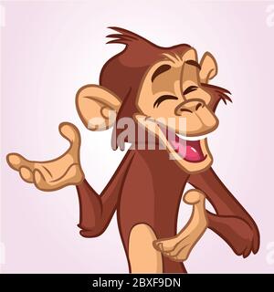 Singe cartoon souriant et riant. Illustration vectorielle de la mascotte de personnage de chimpanzé prestant et agitant les mains. Design pour impression, autocollant, bannière Illustration de Vecteur