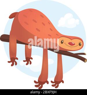 Sloth situé sur une branche d'arbre . Joli personnage de dessin animé. Collection d'animaux sauvages de la jungle. Éducation de bébé. Isolé. Fond blanc. Conception plate Vector i. Illustration de Vecteur