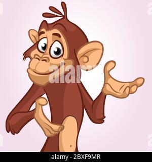 Singe cartoon souriant et riant. Illustration vectorielle de la mascotte de personnage de chimpanzé prestant et agitant les mains. Design pour impression, autocollant, bannière Illustration de Vecteur