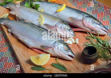 Deux truites arc-en-ciel sur une planche, avec des herbes et des grains de poivre, prêtes à cuire. Banque D'Images