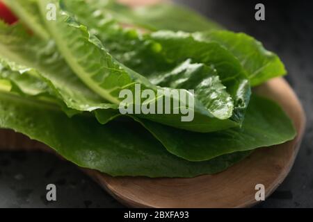 feuilles de laitue romaine fraîche sur panneau de bois Banque D'Images