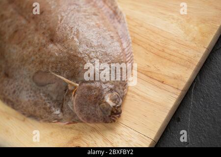 Une sole de citron cru, non cuite, Microstomus kitt, qui a été attrapée dans la Manche présentée sur une planche à découper en bois avant la cuisson. Dorset anglais Banque D'Images