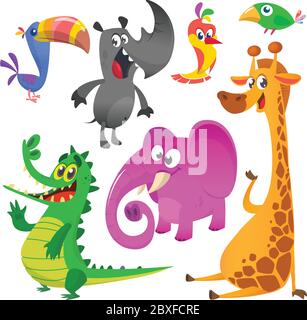 Ensemble animaux de dessin animé. Ensemble vectoriel d'icônes animales isolées sur blanc. Illustration vectorielle de crocodile, toucan, rhinocéros, girafe, éléphant et colibri Illustration de Vecteur