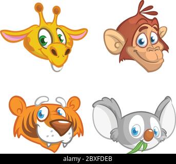 Collection de dessins animés pour têtes d'animaux africains. Ensemble vectoriel d'animaux sauvages, dont girafe, singe chimpanzé, ours tigre et koala. Illustrations isol Illustration de Vecteur
