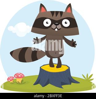 Un adorable personnage de raton laveur de dessins animés se tenant sur une souche d'arbre dans la prairie. Illustration vectorielle Illustration de Vecteur