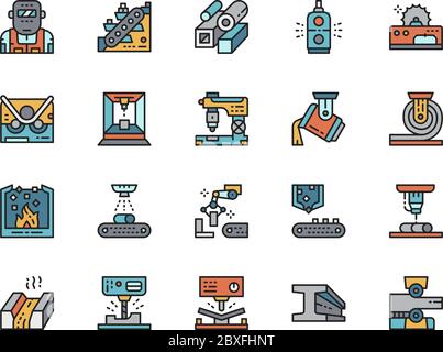 Ensemble d'icônes de ligne de couleur pour l'industrie de la métallurgie. Convoyeur, métallurgiste et plus encore. Illustration de Vecteur