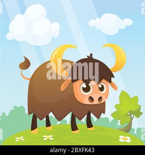 Personnage de dessin animé américain bison. Grand vecteur plat mâle bison isolé sur blanc. Icône Buffalo. Illustration animale pour annonce de zoo, concept de nature, enfantr Illustration de Vecteur