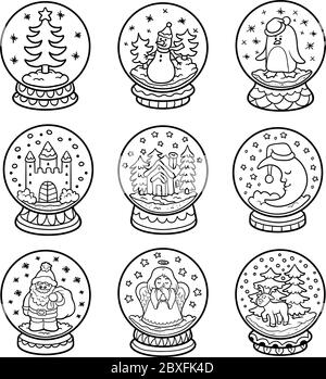 Ensemble de boules de neige noir et blanc vectoriel, collection de Noël incolore Illustration de Vecteur