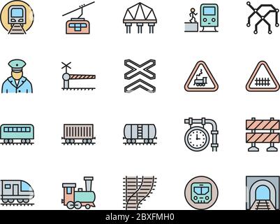 Ensemble d'icônes de lignes de couleur plates des chemins de fer. Funiculaire, métro, Locomotive et bien plus encore Illustration de Vecteur