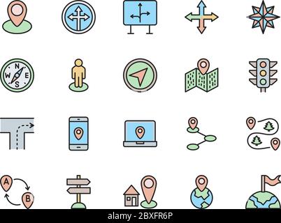 Ensemble d'icônes de ligne de couleur de navigation. Boussole, goupille d'emplacement, Wind Rose et bien plus encore. Illustration de Vecteur