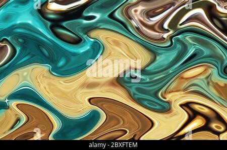 Arrière-plan abstrait de couleurs de peinture mélangées avec un motif en marbre. Peinture liquide colorée fond bronze brun créatif avec vert brillant émeraude Banque D'Images