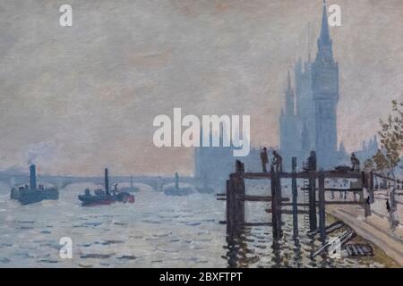 Peinture intitulée « la Tamise au-dessous de Westminster » de Claude Monet en date de 1871 Banque D'Images