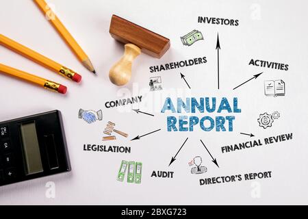 RAPPORT ANNUEL. Société, investisseurs, revue financière et concept de légalisation. Graphique avec mots-clés et icônes. Timbres, crayons et calculatrice sur une table blanche Banque D'Images