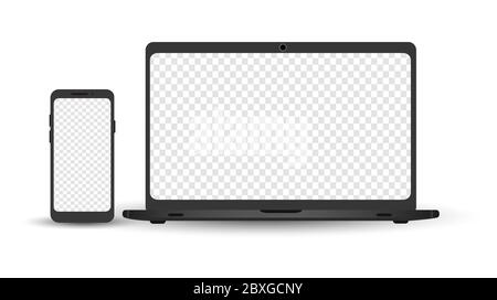 Ensemble d'appareils - modèle d'ordinateur portable et de smartphone. Gadgets électroniques isolés sur fond blanc. Illustration vectorielle réaliste. Illustration de Vecteur
